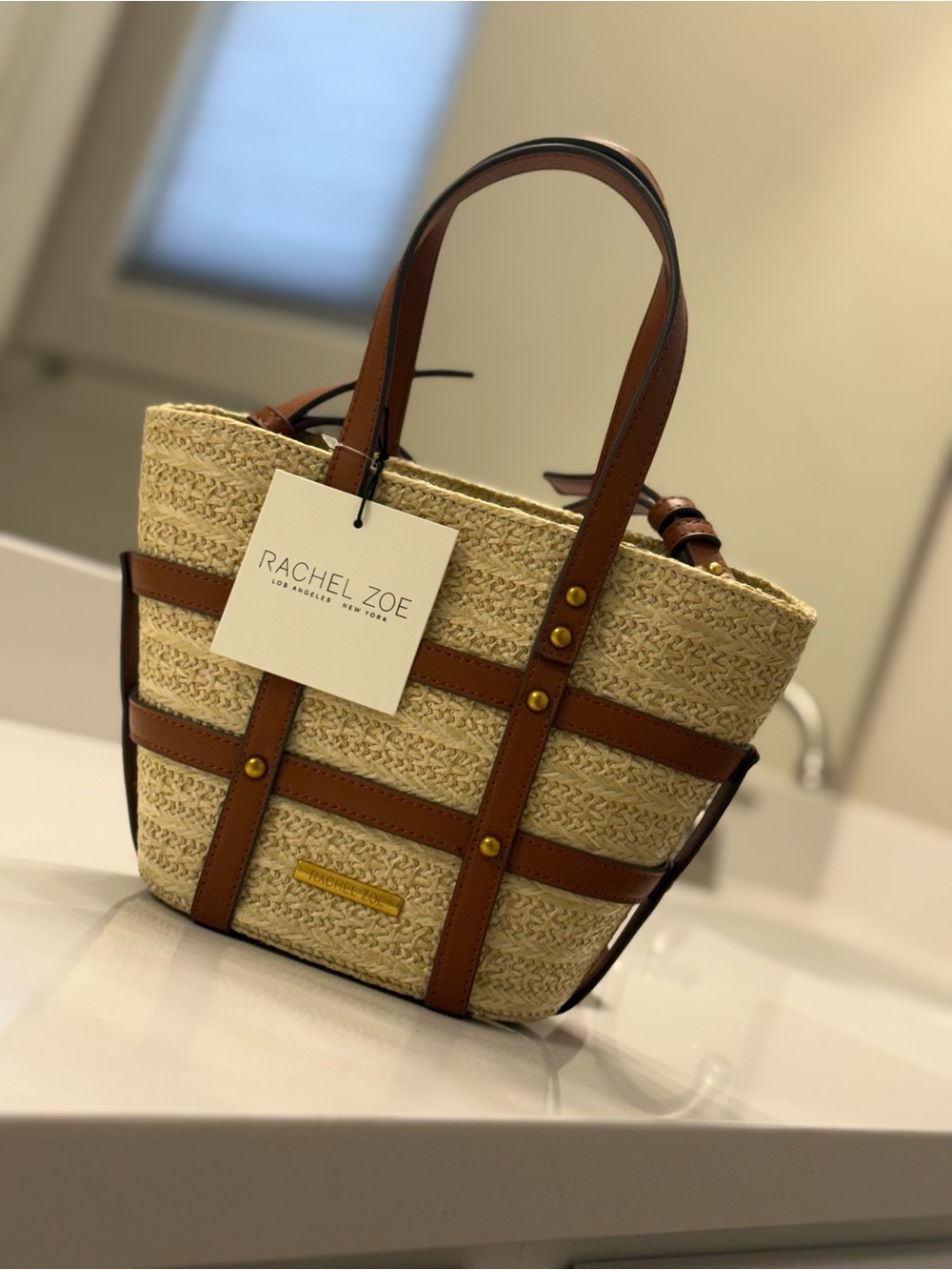 Rachel Zoe Cream Straw MINI Tote with Brown Leather Trim NWT
